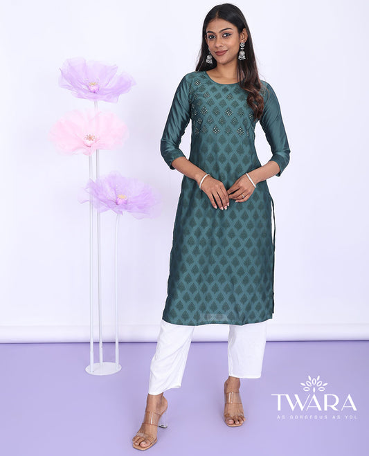 Twara green unique motifs print & embroidered round neck with 3/4th sleeve muslin straight-cut knee-length kurti