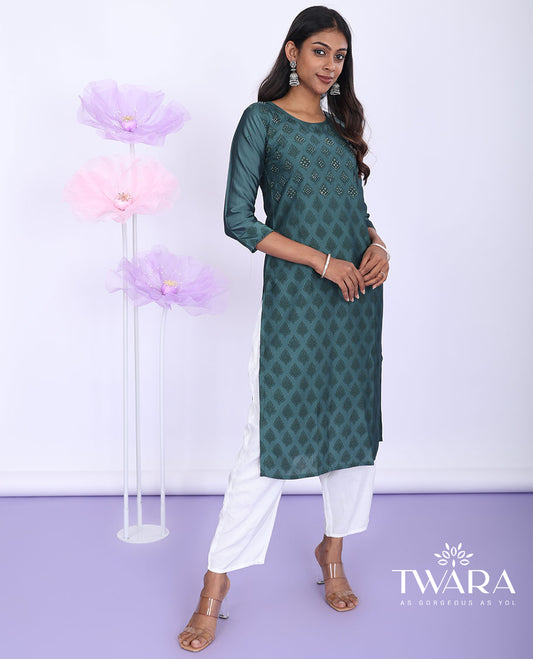 Twara green unique motifs print & embroidered round neck with 3/4th sleeve muslin straight-cut knee-length kurti