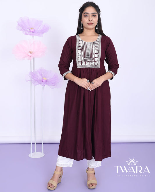 Twara maroon thread patch embroidered round neck with 3/4th sleeve rayon calf-length kurti