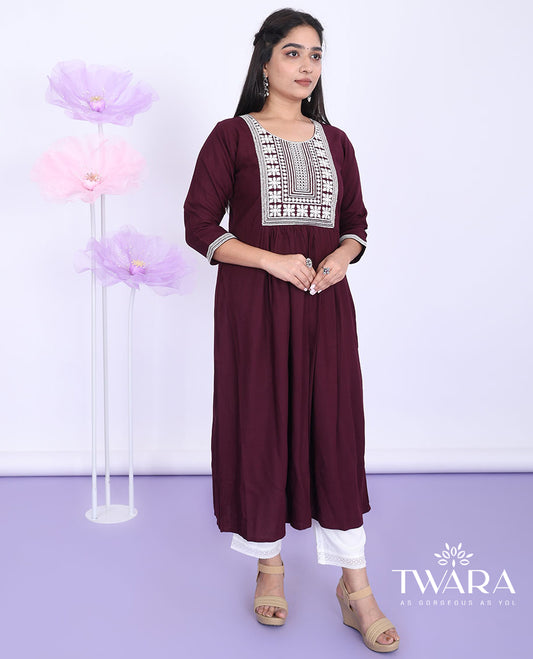 Twara maroon thread patch embroidered round neck with 3/4th sleeve rayon calf-length kurti