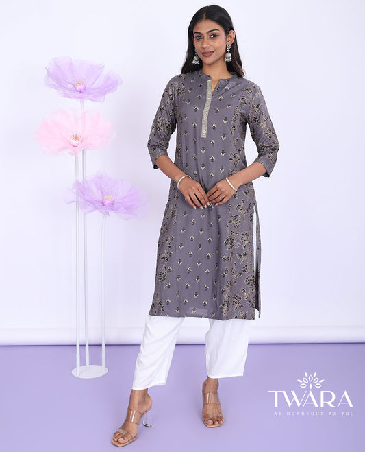 Twara grey floral print & glitter work thread Chinese collar with 3/4th sleeve straight-cut muslin knee-length kurti