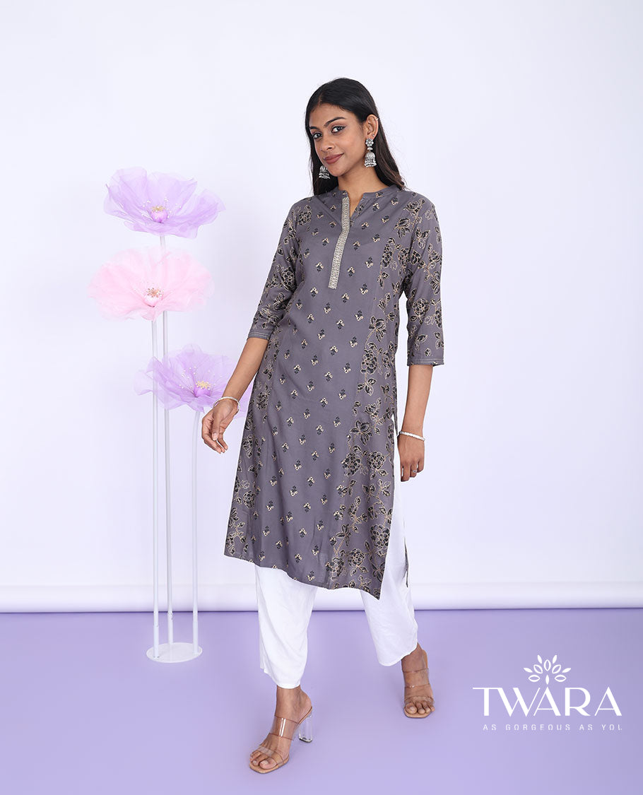 Twara grey floral print & glitter work thread Chinese collar with 3/4th sleeve straight-cut muslin knee-length kurti