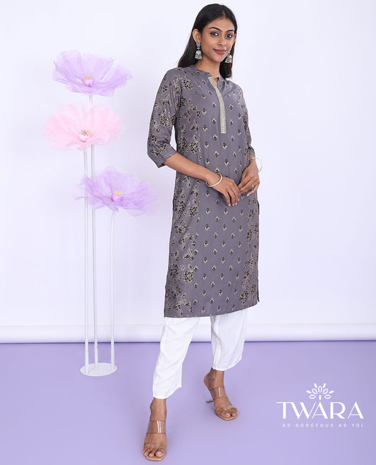 Twara grey floral print & glitter work thread Chinese collar with 3/4th sleeve straight-cut muslin knee-length kurti