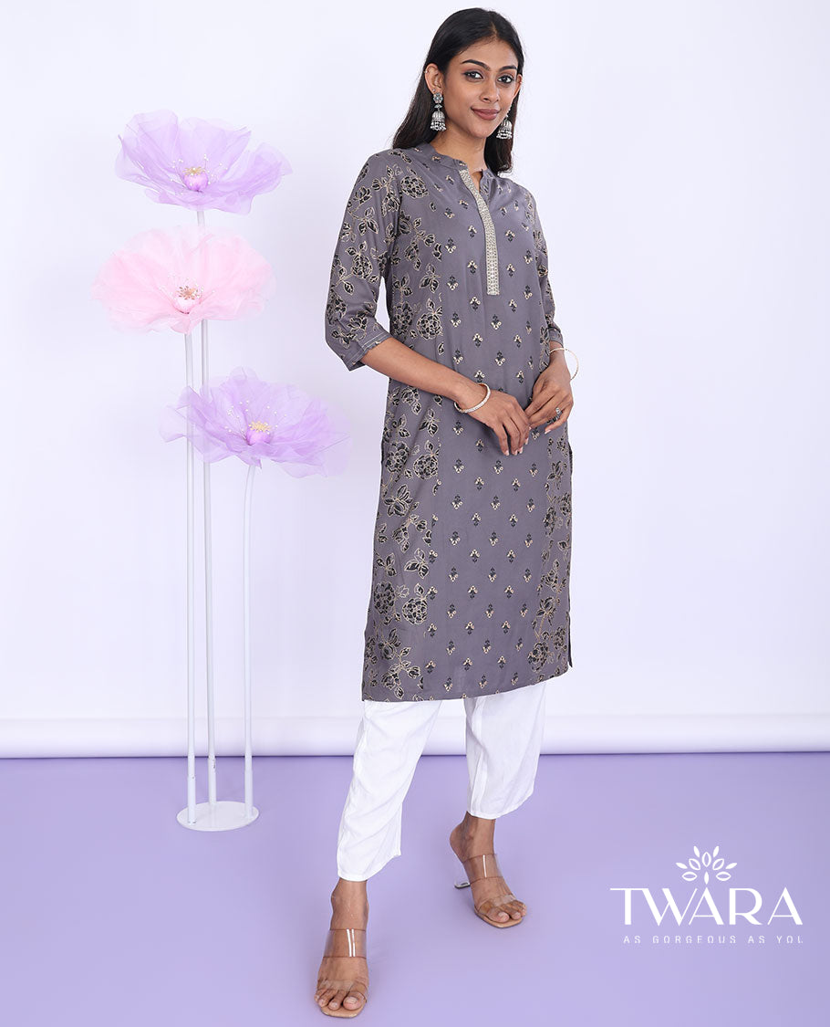 Twara grey floral print & glitter work thread Chinese collar with 3/4th sleeve straight-cut muslin knee-length kurti
