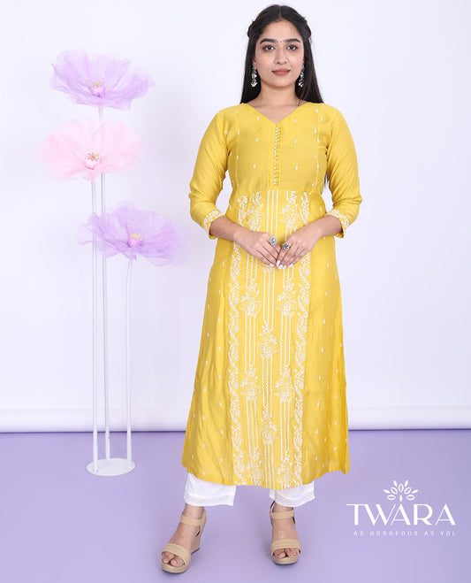 Twara yellow floral designs thread embroidered round neck with 3/4th sleeve silk cotton a-line calf-length kurti