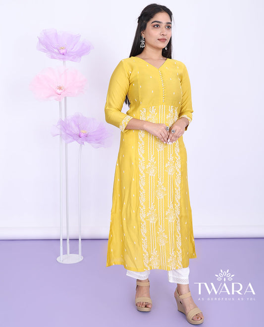 Twara yellow floral designs thread embroidered round neck with 3/4th sleeve silk cotton a-line calf-length kurti