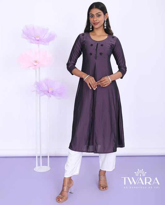 Twara purple embroidered round neck with 3/4th sleeve muslin a-line below-knee kurti
