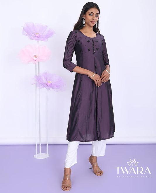 Twara purple embroidered round neck with 3/4th sleeve muslin a-line below-knee kurti