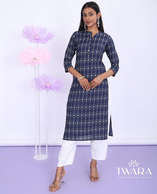 Twara blue intricately printed Chinese collar with 3/4th sleeve rayon straight-cut below-knee kurti
