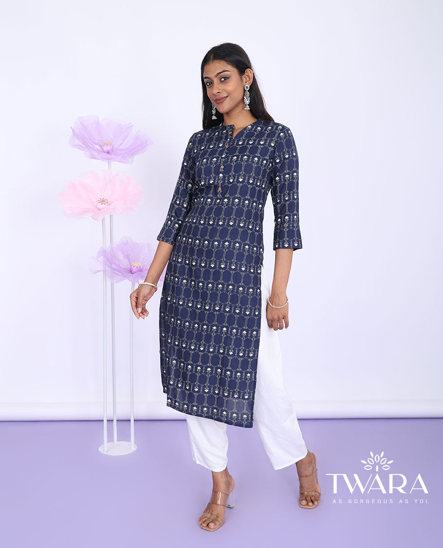 Twara blue intricately printed Chinese collar with 3/4th sleeve rayon straight-cut below-knee kurti