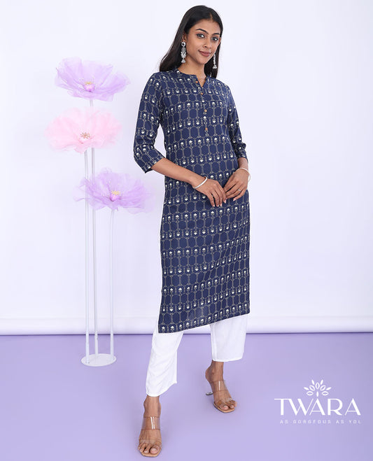 Twara blue intricately printed Chinese collar with 3/4th sleeve rayon straight-cut below-knee kurti