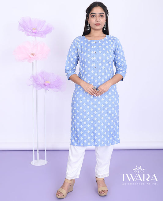 Twara blue intricately printed round neck with 3/4th sleeve rayon straight-cut below-knee kurti