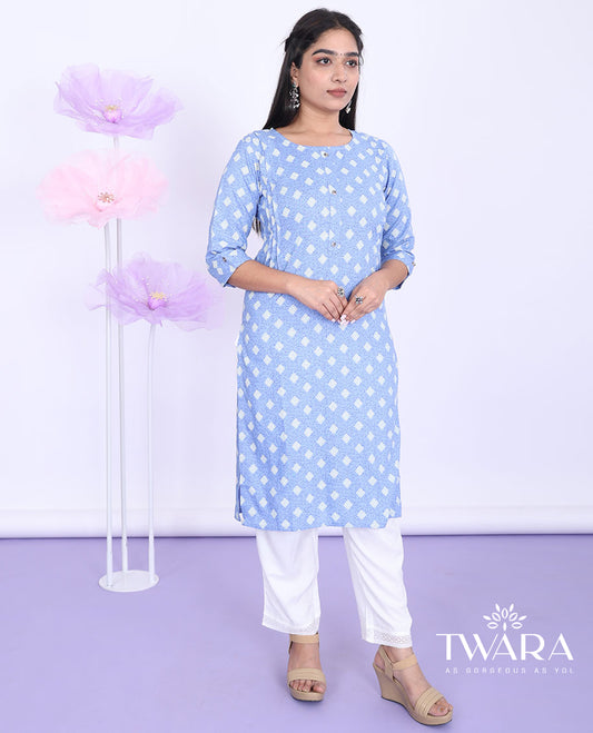 Twara blue intricately printed round neck with 3/4th sleeve rayon straight-cut below-knee kurti