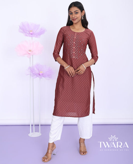 Twara brown ogee pattern with embroidered round neck with 3/4th sleeve muslin straight-cut below-knee kurti