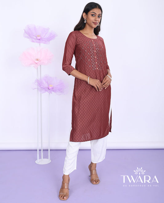 Twara brown ogee pattern with embroidered round neck with 3/4th sleeve muslin straight-cut below-knee kurti