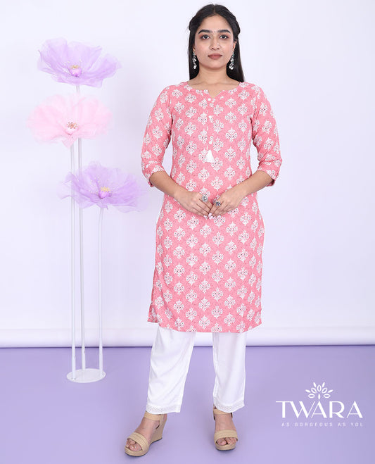Twara pink intricately printed round neck with 3/4th sleeve rayon straight-cut below-knee kurti