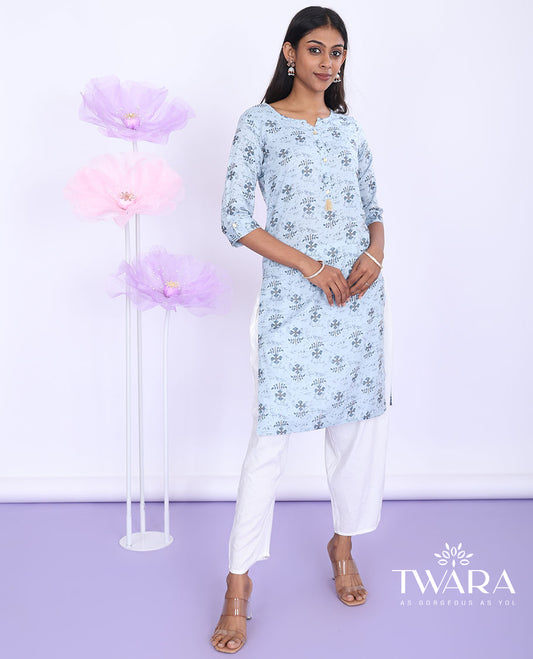 Twara blue intricately printed round neck with 3/4th sleeve rayon straight-cut knee-length kurti