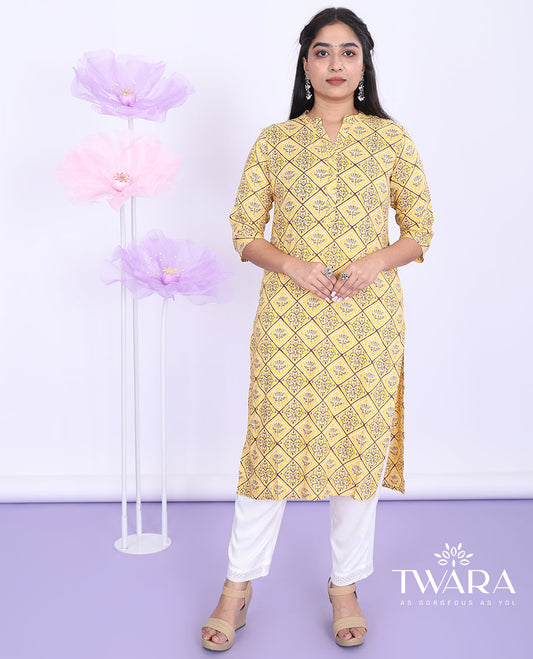 Twara yellow intricately printed Chinese collar with 3/4th sleeve rayon straight-cut below-knee kurti
