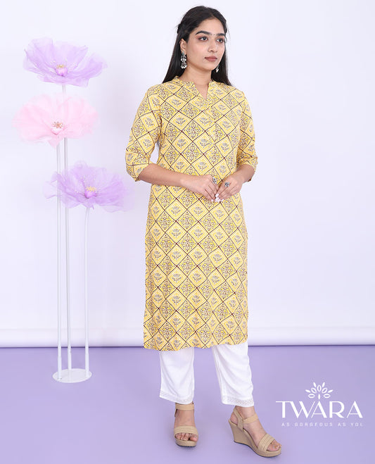 Twara yellow intricately printed Chinese collar with 3/4th sleeve rayon straight-cut below-knee kurti