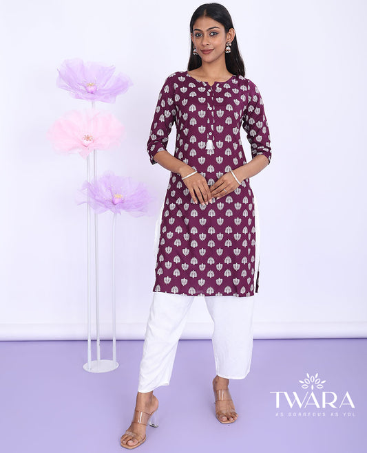 Twara purple unique motifs print round neck with 3/4th sleeve rayon straight-cut knee-length kurti