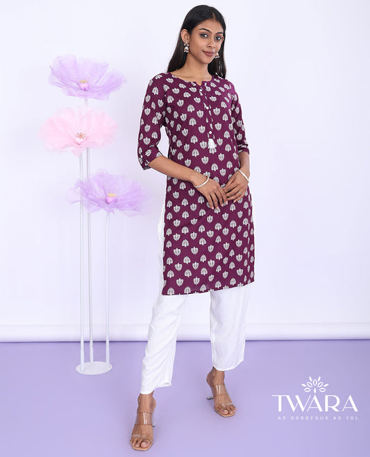 Twara purple unique motifs print round neck with 3/4th sleeve rayon straight-cut knee-length kurti