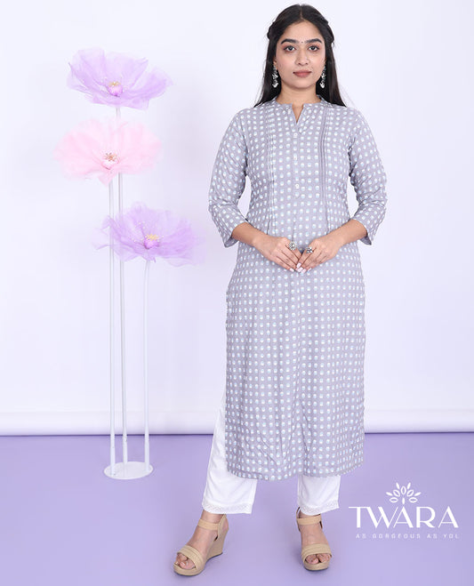 Twara grey unique motifs printed Chinese collar with 3/4th sleeve cotton straight-cut calf-length kurti