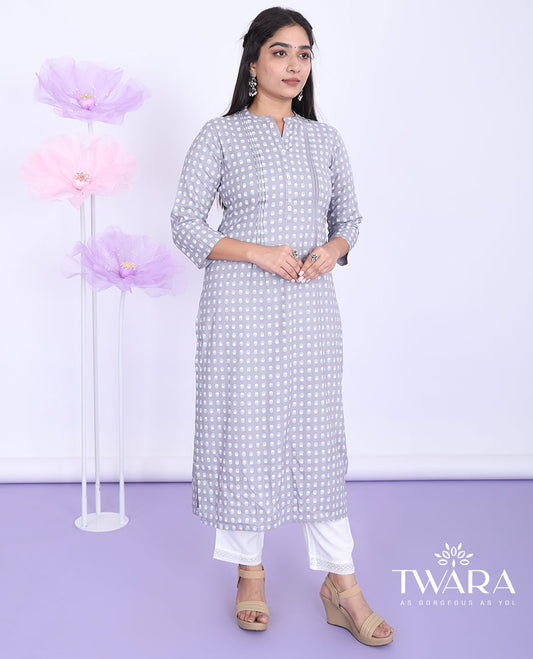 Twara grey unique motifs printed Chinese collar with 3/4th sleeve cotton straight-cut calf-length kurti
