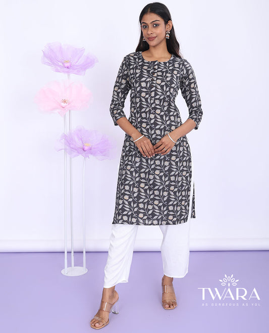 Twara grey floral vine printed round neck with 3/4th sleeve cotton straight-cut knee-length kurti