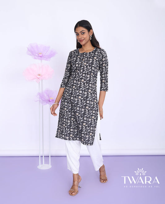 Twara grey floral vine printed round neck with 3/4th sleeve cotton straight-cut knee-length kurti
