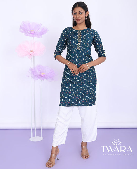 Twara blue argyle printed round neck with 3/4th sleeve rayon straight-cut above-knee kurti