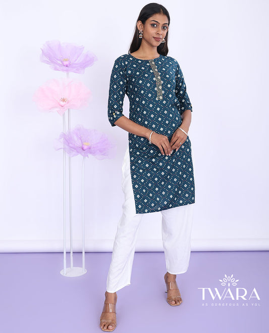 Twara blue argyle printed round neck with 3/4th sleeve rayon straight-cut above-knee kurti