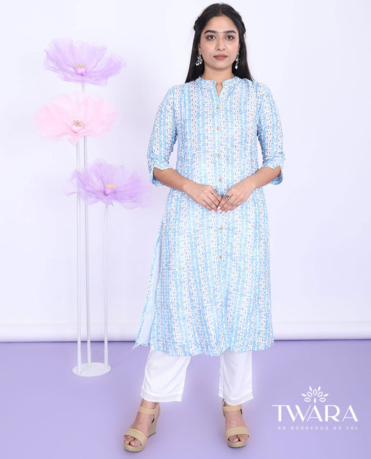 Twara blue intricately printed Chinese collar with 3/4th sleeve rayon straight-cut below-knee kurti