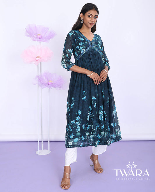 Twara blue floral print & floral thread embroidery alia-cut with 3/4th sleeve tissue a-line below-knee kurti