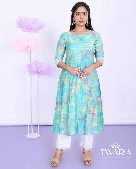 Twara blue abstract-style printed round neck with 3/4th sleeve cotton a-line below-knee kurti