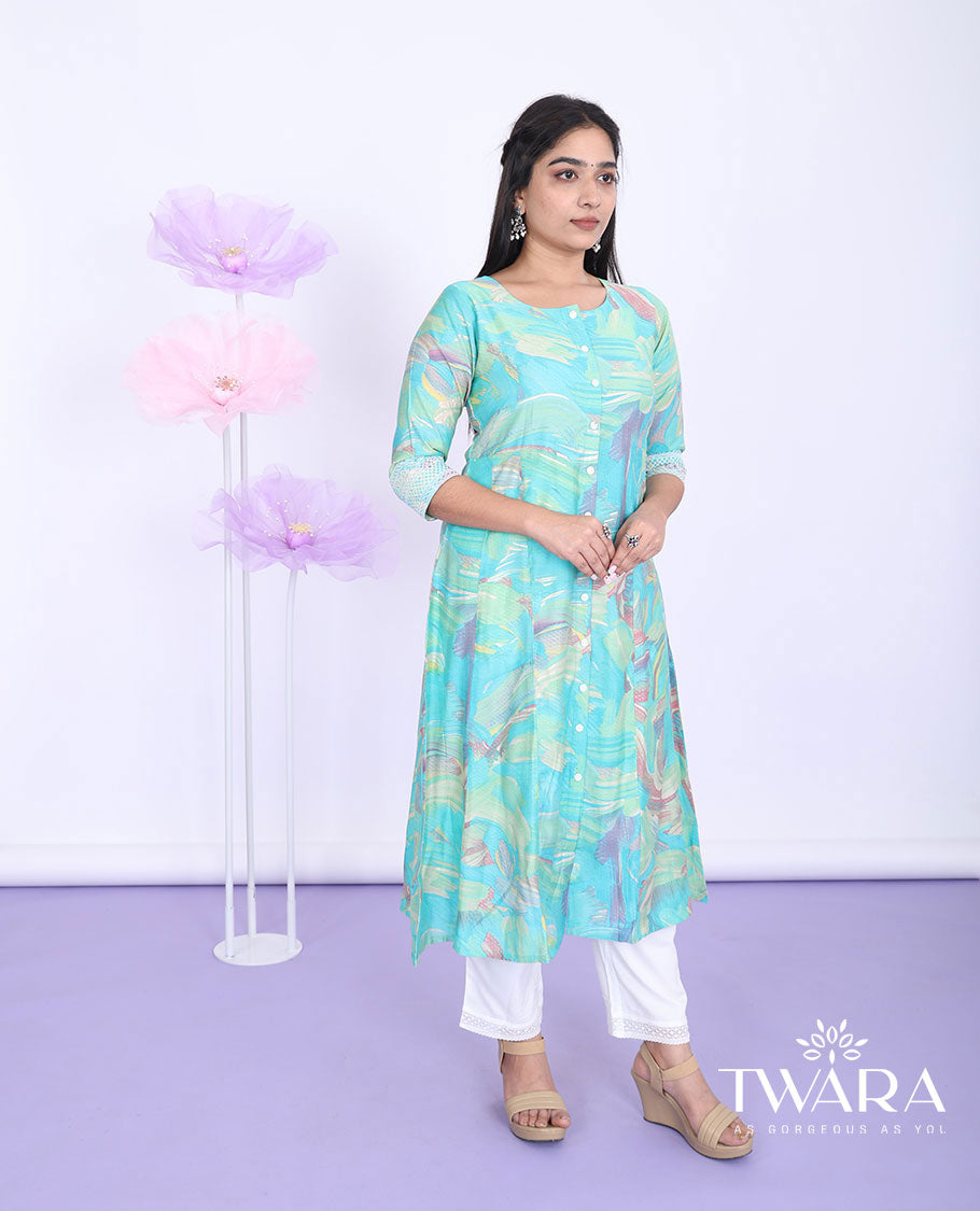 Twara blue abstract-style printed round neck with 3/4th sleeve cotton a-line below-knee kurti