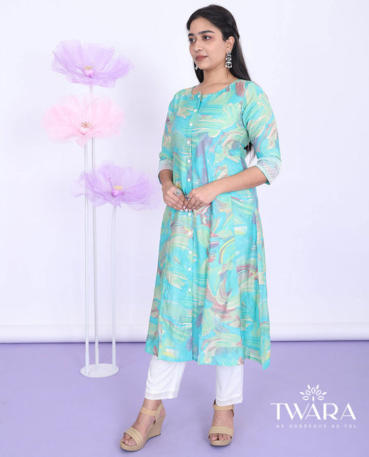 Twara blue abstract-style printed round neck with 3/4th sleeve cotton a-line below-knee kurti