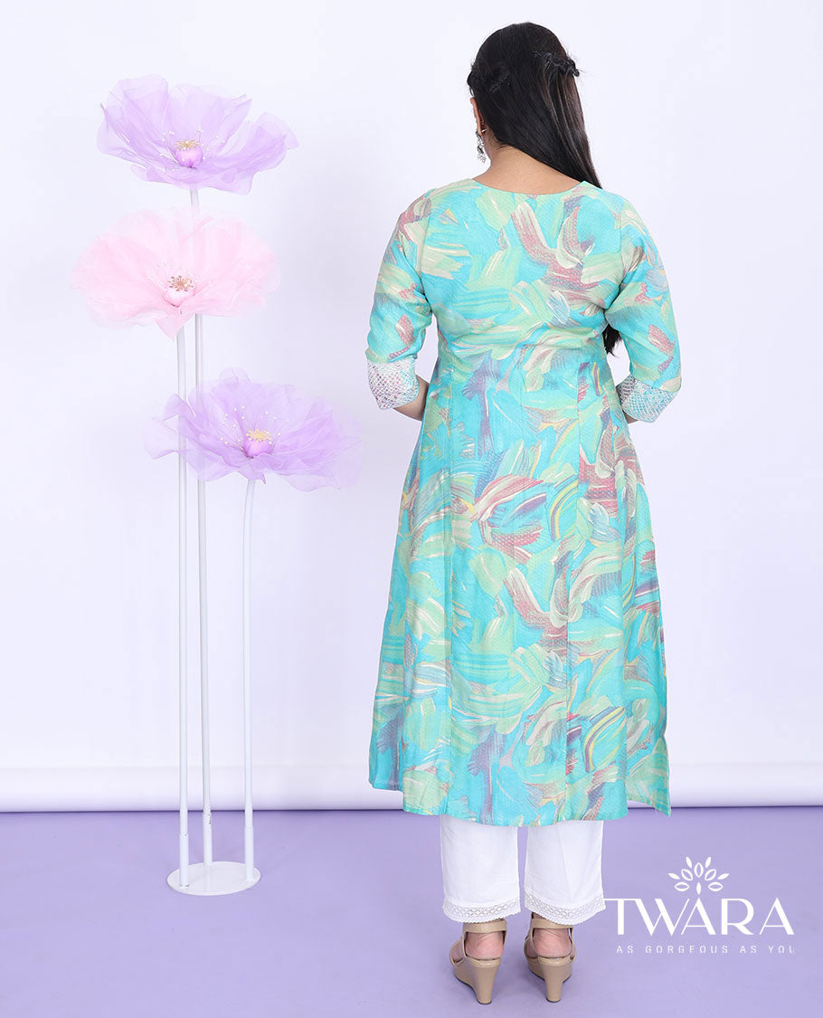 Twara blue abstract-style printed round neck with 3/4th sleeve cotton a-line below-knee kurti