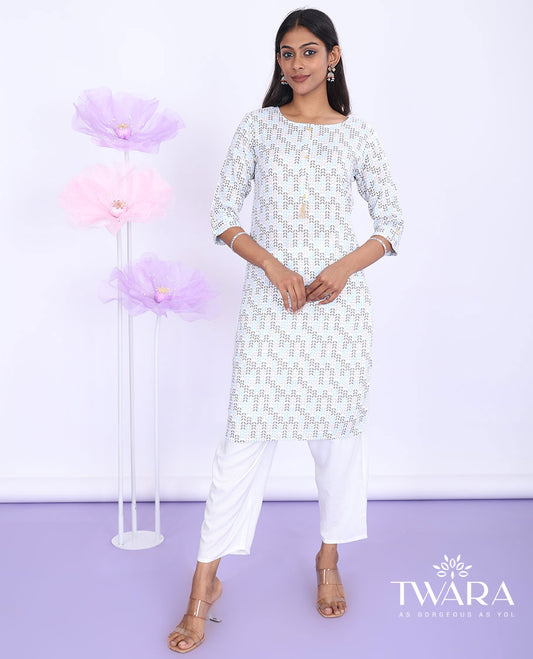 Twara cream leaf vine printed round neck with 3/4th sleeve rayon straight-cut knee-length kurti