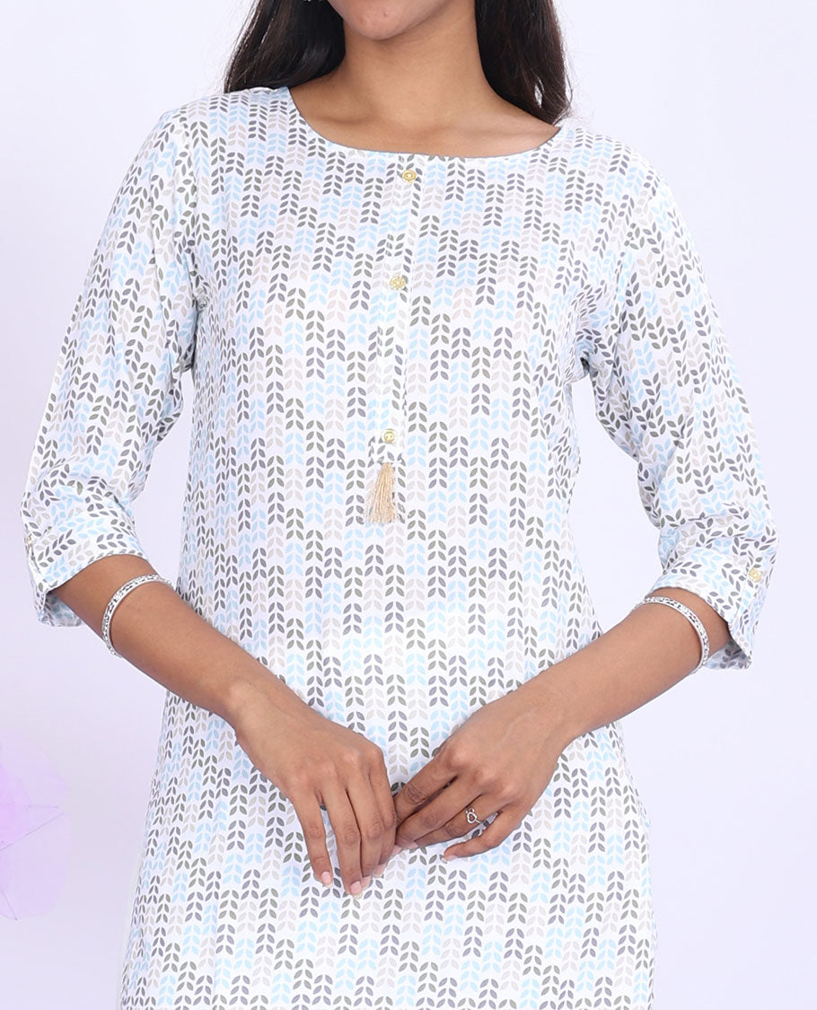 Twara cream leaf vine printed round neck with 3/4th sleeve rayon straight-cut knee-length kurti
