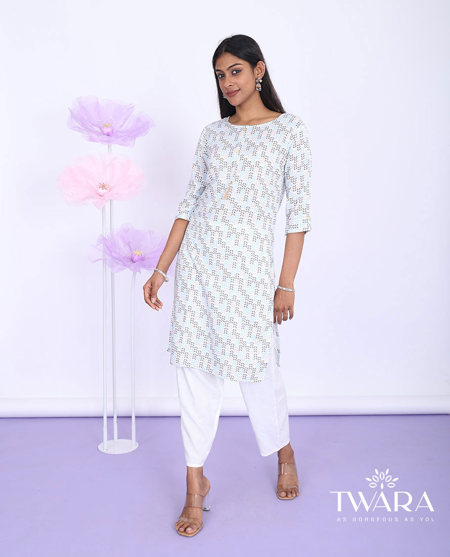 Twara cream leaf vine printed round neck with 3/4th sleeve rayon straight-cut knee-length kurti