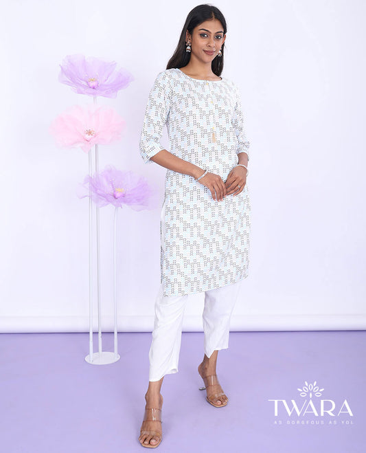Twara cream leaf vine printed round neck with 3/4th sleeve rayon straight-cut knee-length kurti