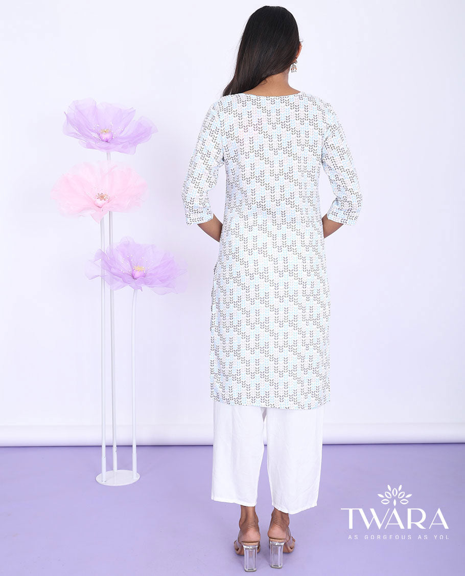 Twara cream leaf vine printed round neck with 3/4th sleeve rayon straight-cut knee-length kurti
