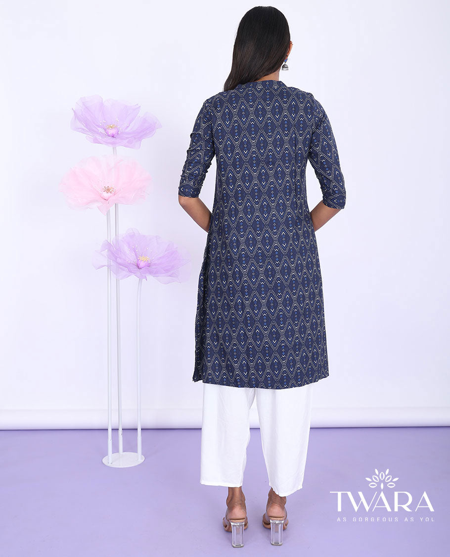 Twara blue argyle design printed chinese collar with 3/4th sleeve rayon straight-cut knee-length kurti