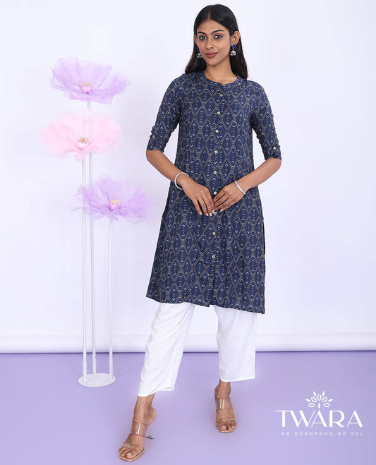 Twara blue argyle design printed chinese collar with 3/4th sleeve rayon straight-cut knee-length kurti