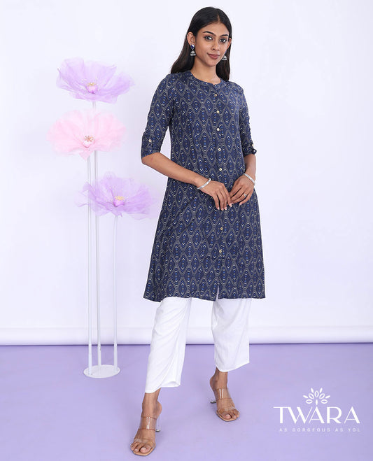 Twara blue argyle design printed chinese collar with 3/4th sleeve rayon straight-cut knee-length kurti