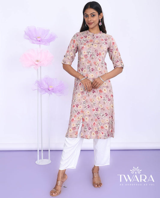 Twara pink floral printed Chinese collar with 3/4th sleeve rayon a-line below-knee kurti