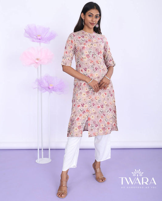 Twara pink floral printed Chinese collar with 3/4th sleeve rayon a-line below-knee kurti