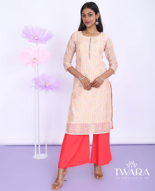 Twara multi-color argyle design printed round neck with 3/4th sleeve tissue straight-cut knee-length kurti