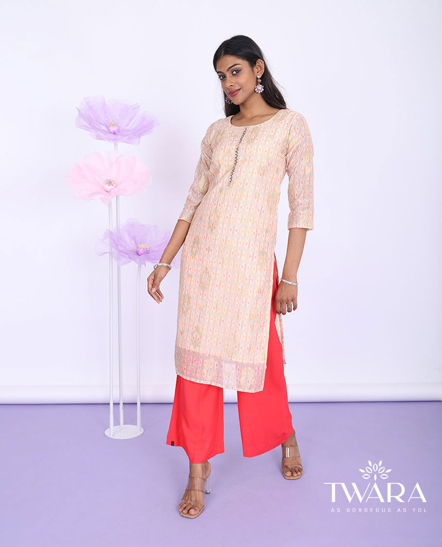 Twara multi-color argyle design printed round neck with 3/4th sleeve tissue straight-cut knee-length kurti