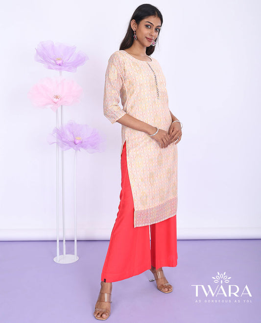 Twara multi-color argyle design printed round neck with 3/4th sleeve tissue straight-cut knee-length kurti